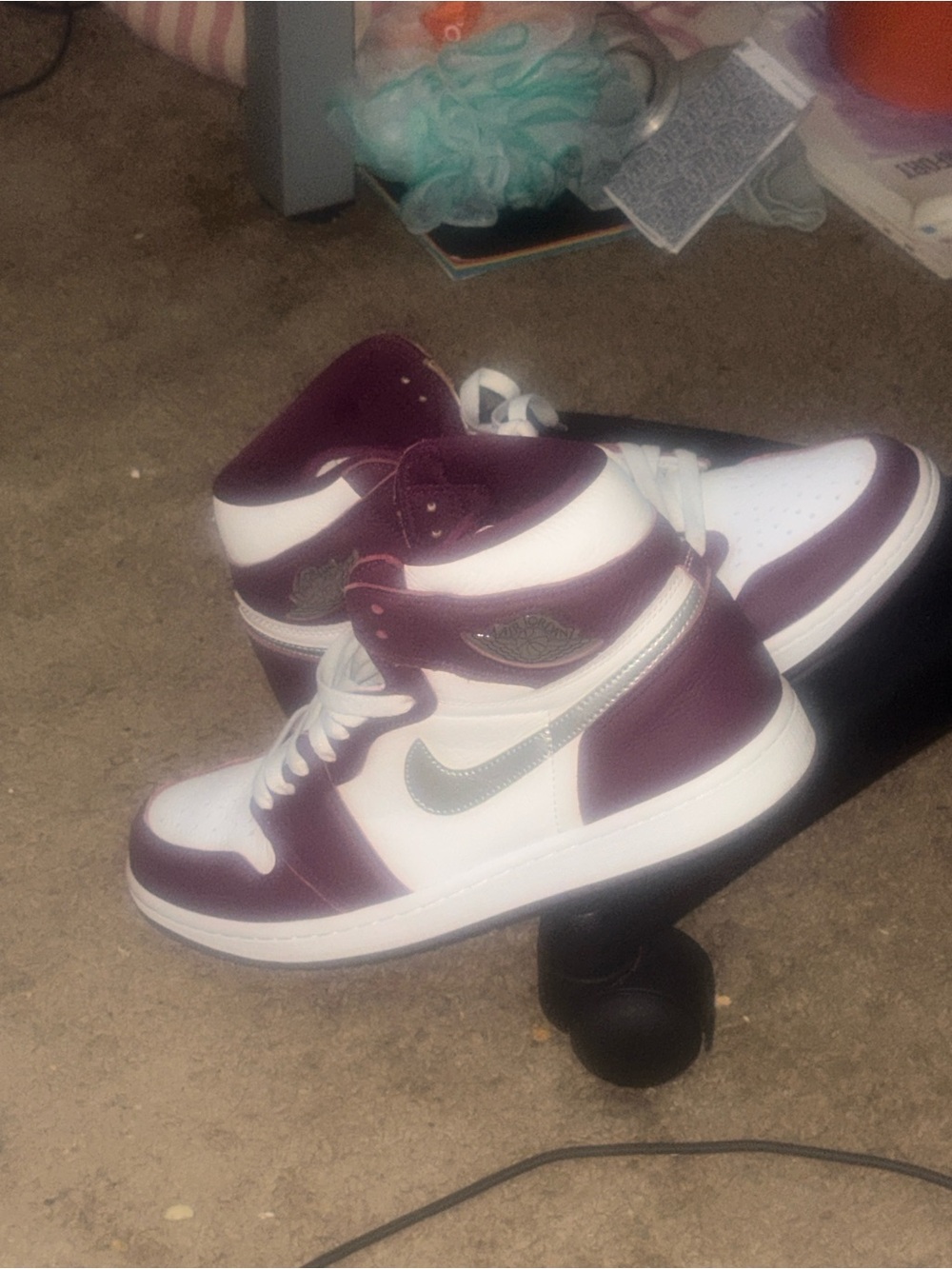 Nike High-Top Sneakers in White and Maroon with Silver Swoosh